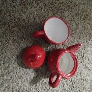 3 Piece Old Amsterdam Porcelain Works Tea For 1, Cherry Red Teapot Lid Cup Combo